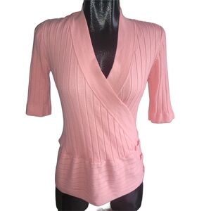 Le Chateau Light Pink Ribbed Wrap Short Sleeve Top L